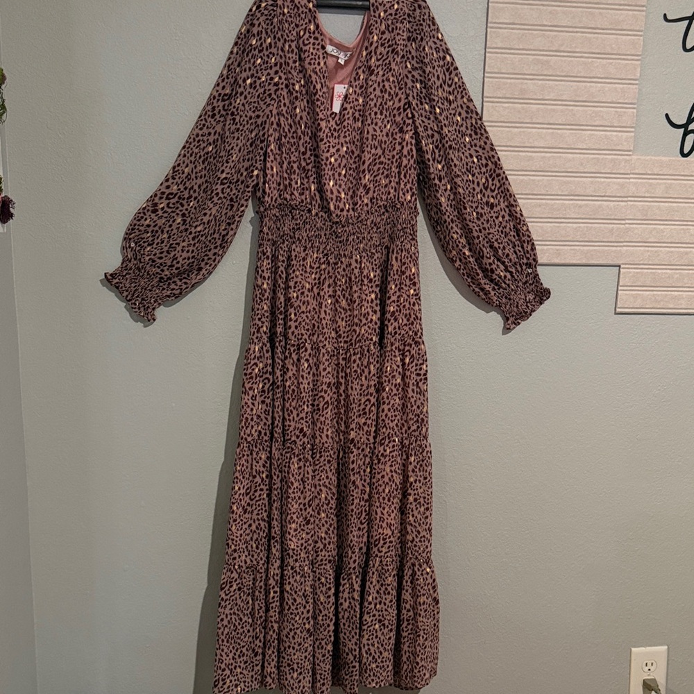 Joy Joy Brown Leopard Print Long Sleeve Maxi Dress